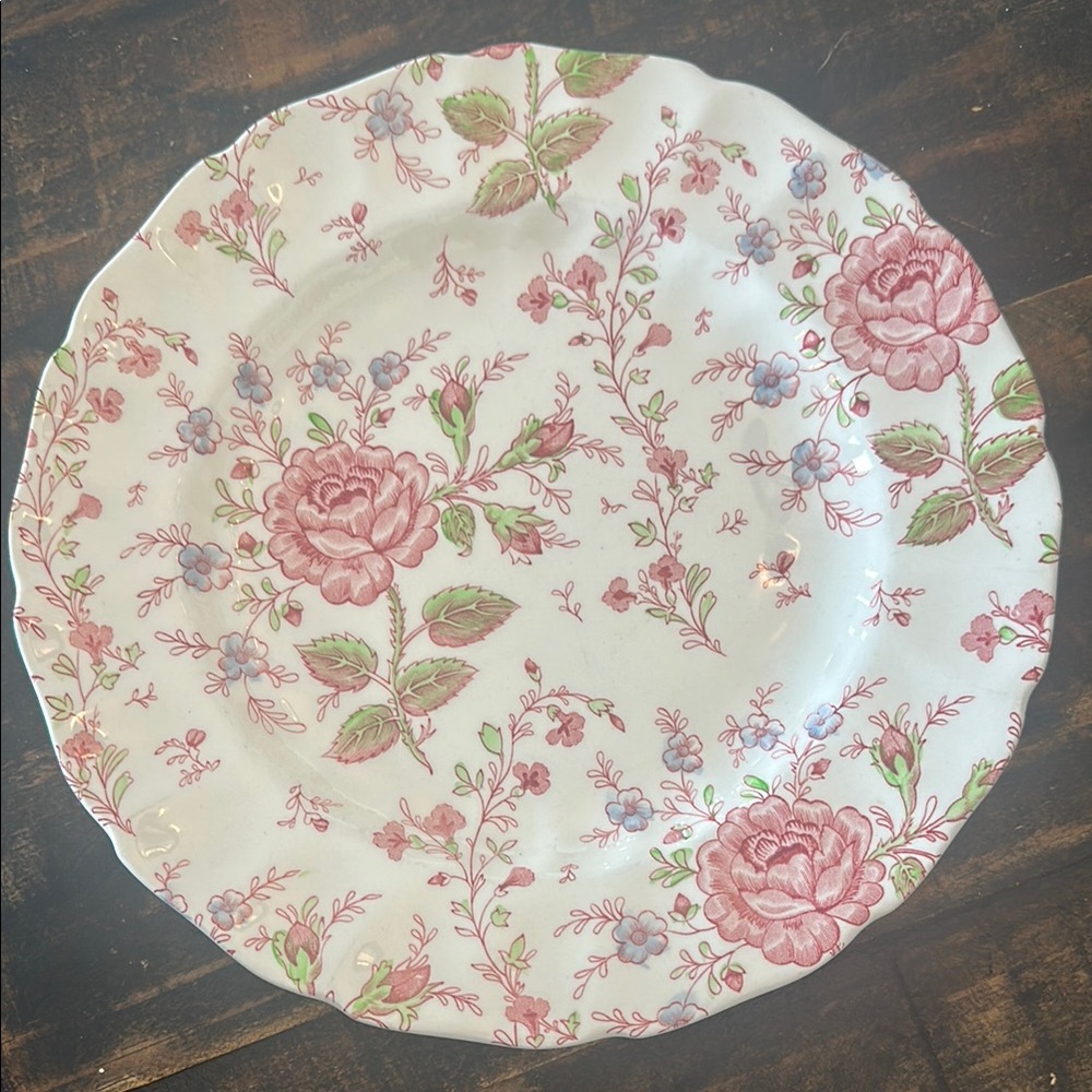 Vintage Hand Engraved Rose Chintz Pink and Green Floral Dinnerware Plate